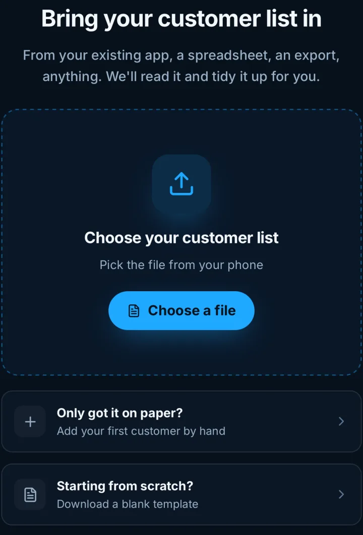 The RoundWiz import screen: pick the file you already keep, with the promise that nothing changes until you say so.