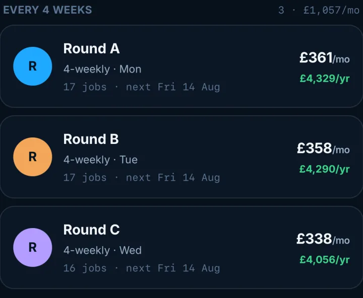 Three rounds grouped by schedule, each showing its day and how often it runs.