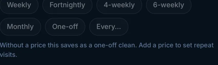 The cadence options when adding a customer: weekly, fortnightly, 4-weekly, 6-weekly, monthly, one-off, or a custom interval.