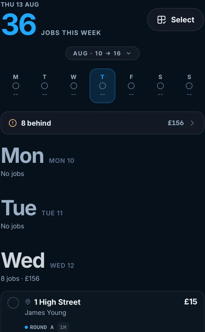 The Week screen: 36 jobs across the week, a day strip, and each day listed with its own job count and total.