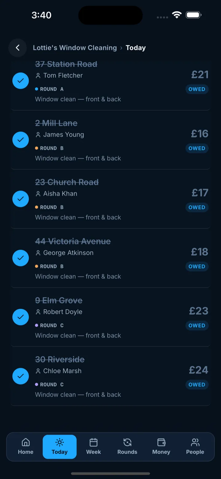 The Today round on a phone: the day's stops in running order with the customer, the round each one belongs to, the price and whether it is still owed.
